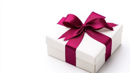 Fototapeta premium A white gift box with a burgundy ribbon bow