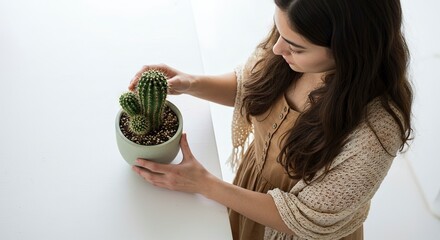 Woman Tending to Potted Cactus on White Table, Mindful Indoor Gardening
