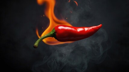 A single red chili pepper is suspended in mid-air, surrounded by a blazing inferno. The pepper appears to be floating above the flames, creating a dramatic and surreal image.	

