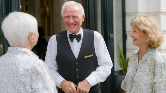 Senior hotel guest chatting with doorman