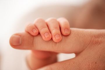 Close-up of a newborn baby's tiny hand gently grasping an adult's finger, emphasizing the delicate bond and profound connection between parent and child in a moment of pure tenderness