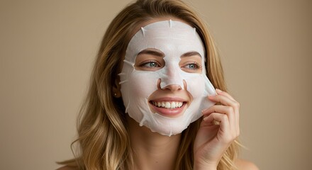 Woman Applying Sheet Mask to Face for Skincare Routine at Home