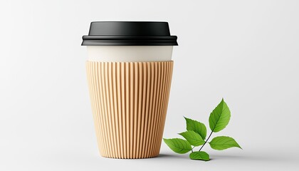 A Cardboard Coffee Cup With Black Lid And Green Leaves