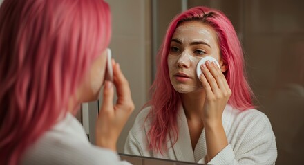 Woman Applying Facial Mask with Cotton Pad in Bathroom Mirror at Home
