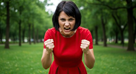 Furious Woman in Red Dress Yelling Outdoors with Clenched Fists