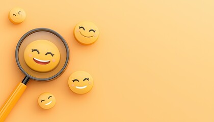 Magnifying glass focuses on a happy emoticon among others