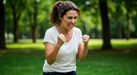 Angry Woman Clenching Fists in Frustration Outdoors on Green Grass