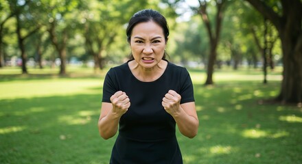 Angry Woman Clenching Fists in Outdoor Park Showing Frustration