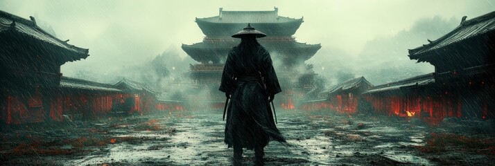 Solitary Figure in Dark Robes Walking Through Snowy Japanese Temple Landscape