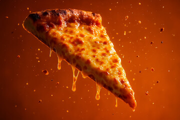 Tasty Pepperoni Pizza Floating in the Air with Melting Cheese, Creative Food Ad