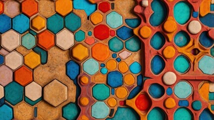 Abstract artwork featuring colorful hexagons and organic shapes with textured surfaces, creating a vibrant and patterned design.