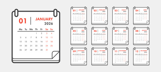 Monthly classic calendar template for 2026 year. Week starts on Monday. Desk or wall calendar in minimal style