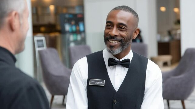 Hotel concierge assisting guest with a friendly smile