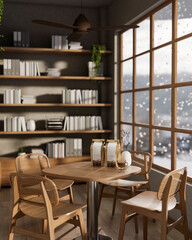 Wooden table and chairs with a cup and coffee beans in cafe or bookstore with snow falling outside.