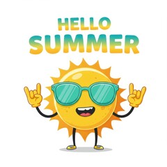 Naklejka premium Cartoon smiling sun with sunglasses and rock n roll hands greeting summer. Funny character graphic design element concept for holiday banner vacation.