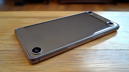 Sleek, gray smartphone rests on light wood, showcasing dual rear cameras and minimal bezel design