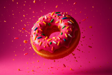 Glazed Donuts with Sprinkles Floating on Pink Background, Sweet Dessert Concept
