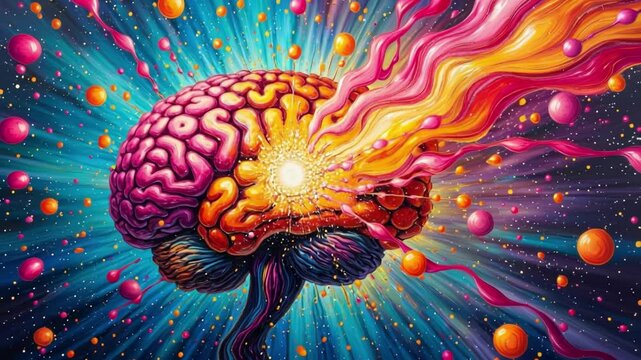 Abstract brain artwork exploding with colors and swirling imagination elements
