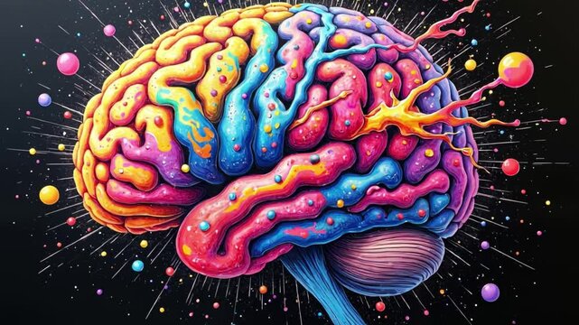 Abstract brain artwork exploding with colors and swirling imagination elements