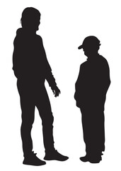 Young man and woman walking at street. Isolated silhouette on a white background