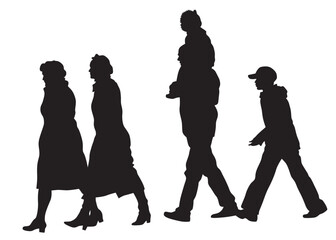 Big crowds people on street. Isolated silhouette on a white background