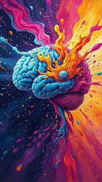 Abstract brain artwork exploding with colors and swirling imagination elements