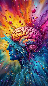 Abstract brain artwork exploding with colors and swirling imagination elements