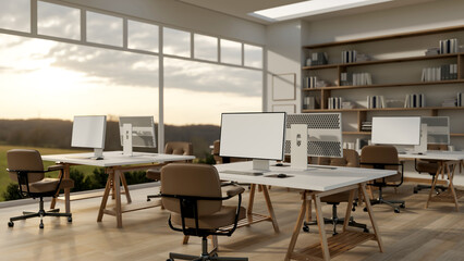 Blank screen computers on table with swivel chairs on parquet floor in the office with glass wall.