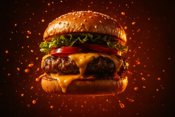 Delicious Cheeseburger Floating in Air with Flying Ingredients, Advertising Style