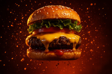 Delicious Cheeseburger Floating in Air with Flying Ingredients, Advertising Style