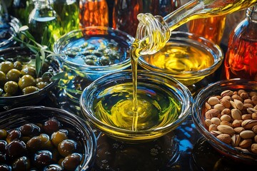 Olive oil pouring with olives, and nuts.