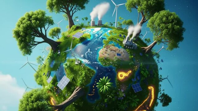 Miniature Earth Model with Renewable Energy Sources Surrounded by Lush Trees and Water