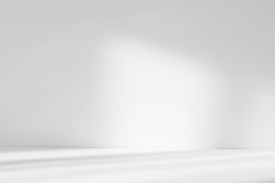Abstract white studio background with shadows of window. Empty 3d gray room with copy space. Display product with blurred backdrop.