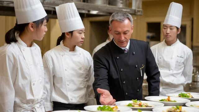 Experienced chef guiding young cooks in plating techniques