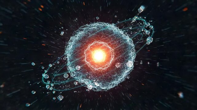 3D representation of an atom with electrons revolving in space  
