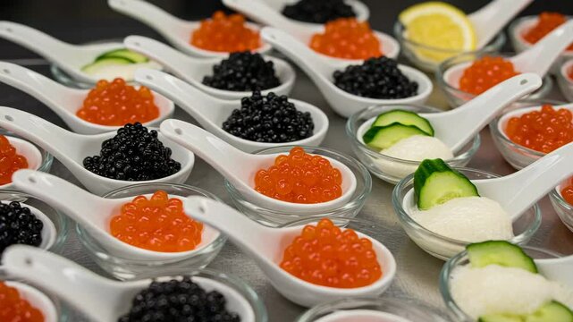 Caviar served on ice with lemon slices and garnish in spoons  