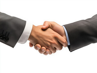 Business negotiation handshake. People's arms shaking wearing professional suit. Agreement, deal, partnership, cooperation. Businessmen's hands holding. Isolated on white background
