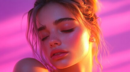Obraz premium Closeup Portrait of a Woman with Pink and Purple Lighting