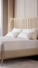 Fototapeta premium Elegant modern bedroom design featuring a plush bed with a high headboard and luxurious linens in soft natural light during the daytime