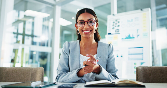 Portrait, business and woman with video call in office for financial update, data analysis and tips. Smile, person and online for virtual meeting, corporate webinar and investment chat of negotiation