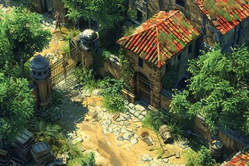 Obraz premium Exploring an abandoned courtyard surrounded by lush greenery and old stone structures during a sunny afternoon