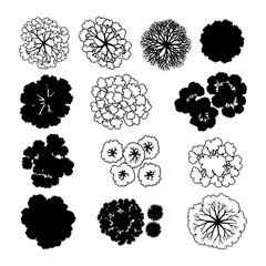 Architectural Drawings.silhouette tree line drawing set, Top view, set of graphics trees elements outline symbol for architecture and landscape design drawing. Vector illustration. Tropical