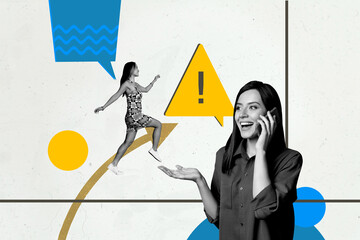 Creative drawing full image collage picture of happy girl guy speak together warning sign chat...