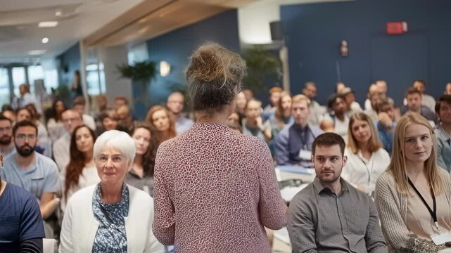 Female entrepreneur presenting business strategy to diverse audience during seminar at modern convention center, engaging with attendees and fostering collaborative environment