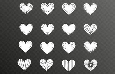 Set of various white heart illustrations png. Hand-drawn vector icons and symbols on isolated transparent background.
