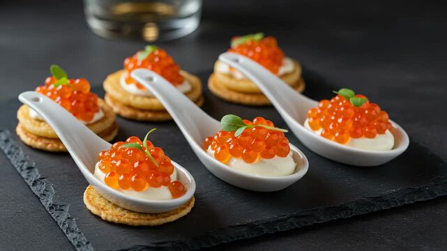 Gourmet appetizer with caviar on crackers served on a slate board  