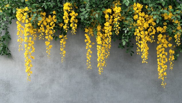 Yellow flowers cascading down a gray wall. Lush greenery - Powered by Adobe