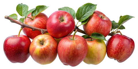 Group of Fresh Red Apples Still Attached to a Branch with Leaves