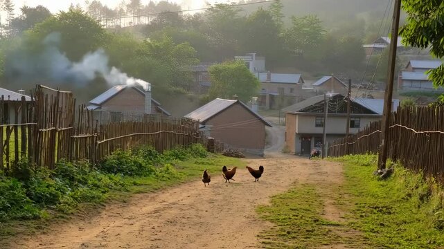 Rural Village Scene with Chickens on a Dirt Road