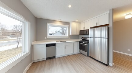 Modern kitchen with stainless steel appliances, white cabinets, gray walls, and wood-look flooring. Large window provides ample natural light
